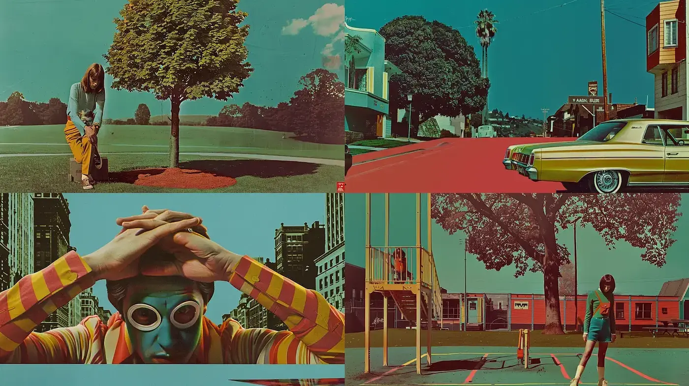 Retro-futuristic Color Exploration with Surreal Elements - Midjourney sref style