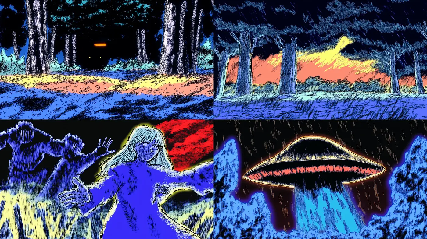 Neon Noir Crosshatch Dreamscape - Midjourney sref style