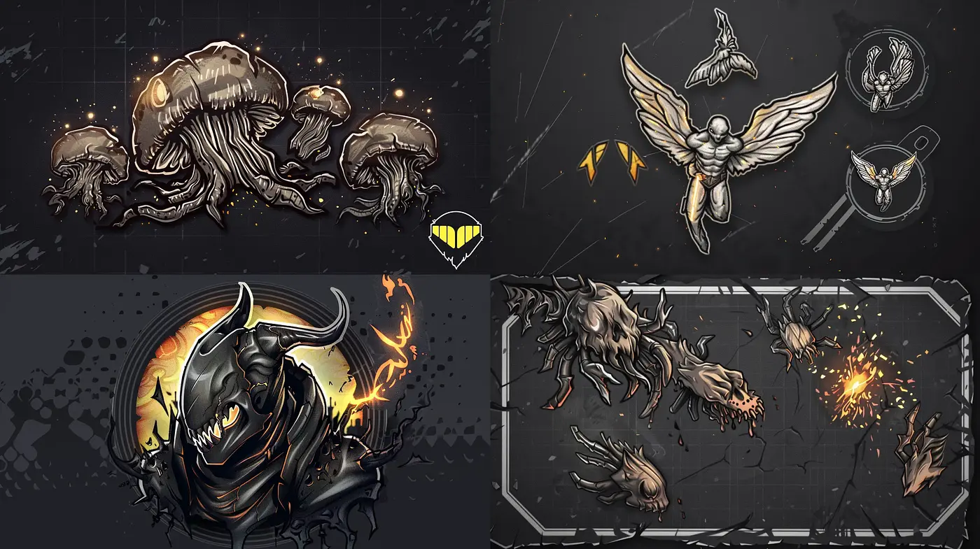 Monochromatic Menagerie with Fiery Accents and Mythical Allure - Midjourney sref style