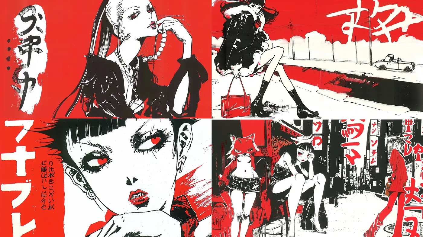 Stark Contrast of Red and Black in Graphic Novel Illustration - Midjourney sref style