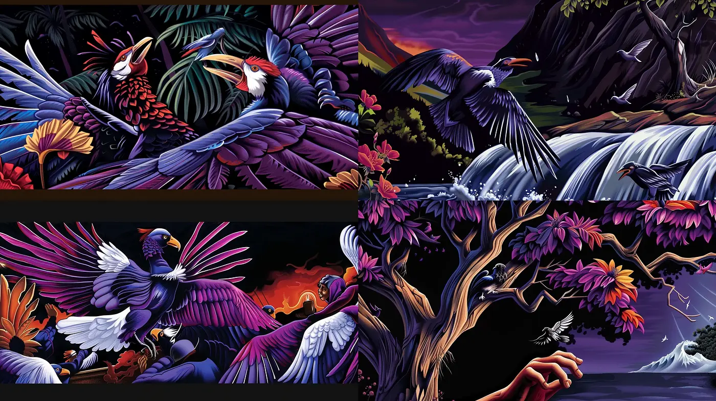 Luminous Nocturnal Dreamscape: A Vibrant Dance of Flora and Fauna - Midjourney sref style
