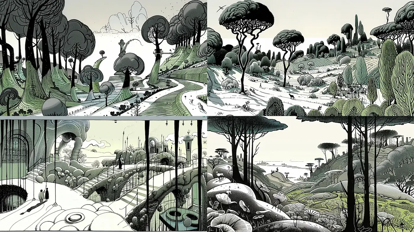 Whimsical Landscapes with Organic Forms and Monochromatic Palette - Midjourney sref style