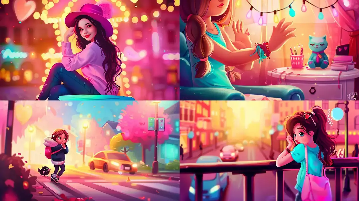 Consistent Warm-Glow Pop Art with a Whimsical Touch Across Multiple Scenes - Midjourney sref style