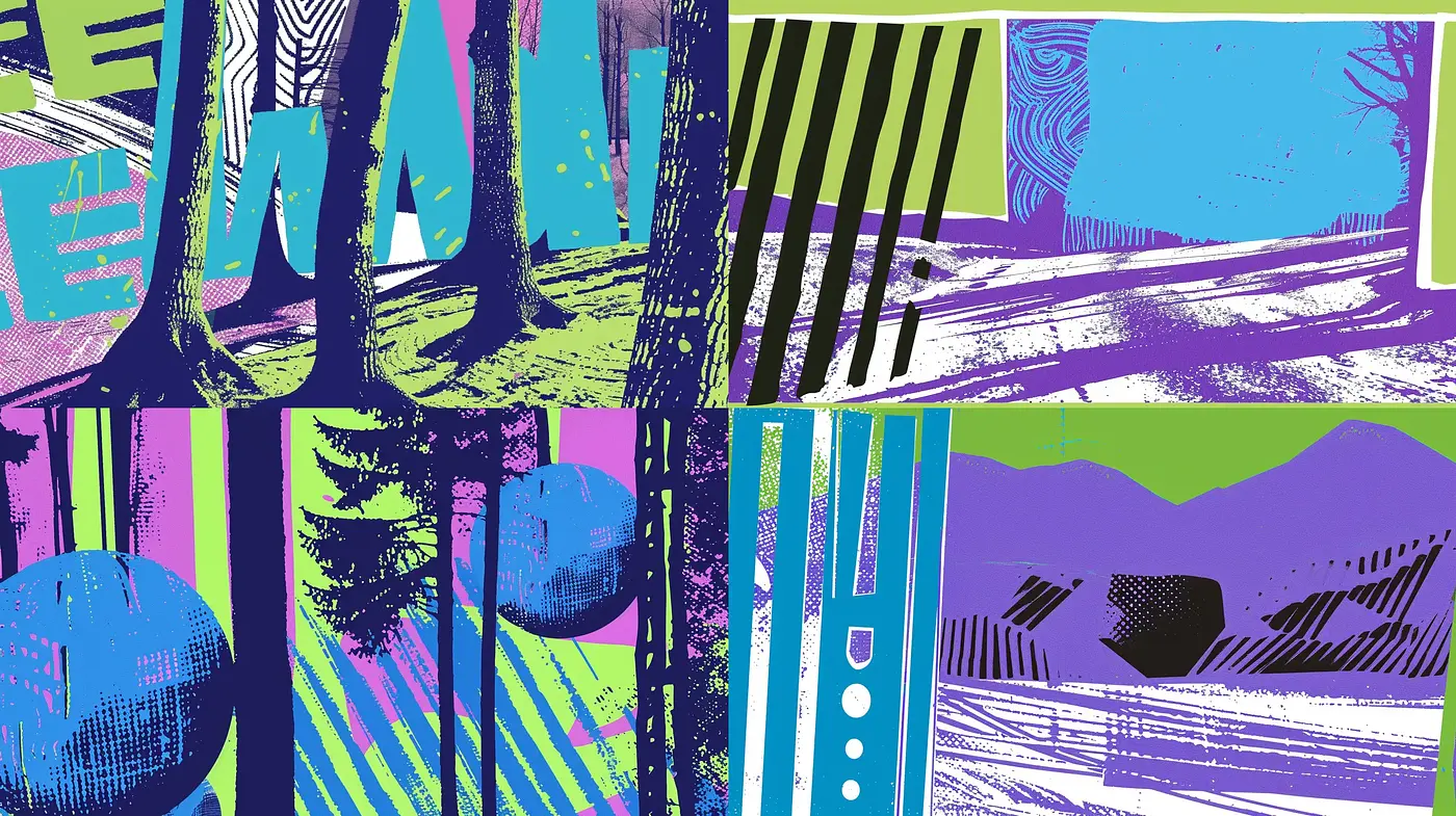 Enchanting Graphic Woodland: A Fusion of Abstract Expressionism and Pop Art - Midjourney sref style
