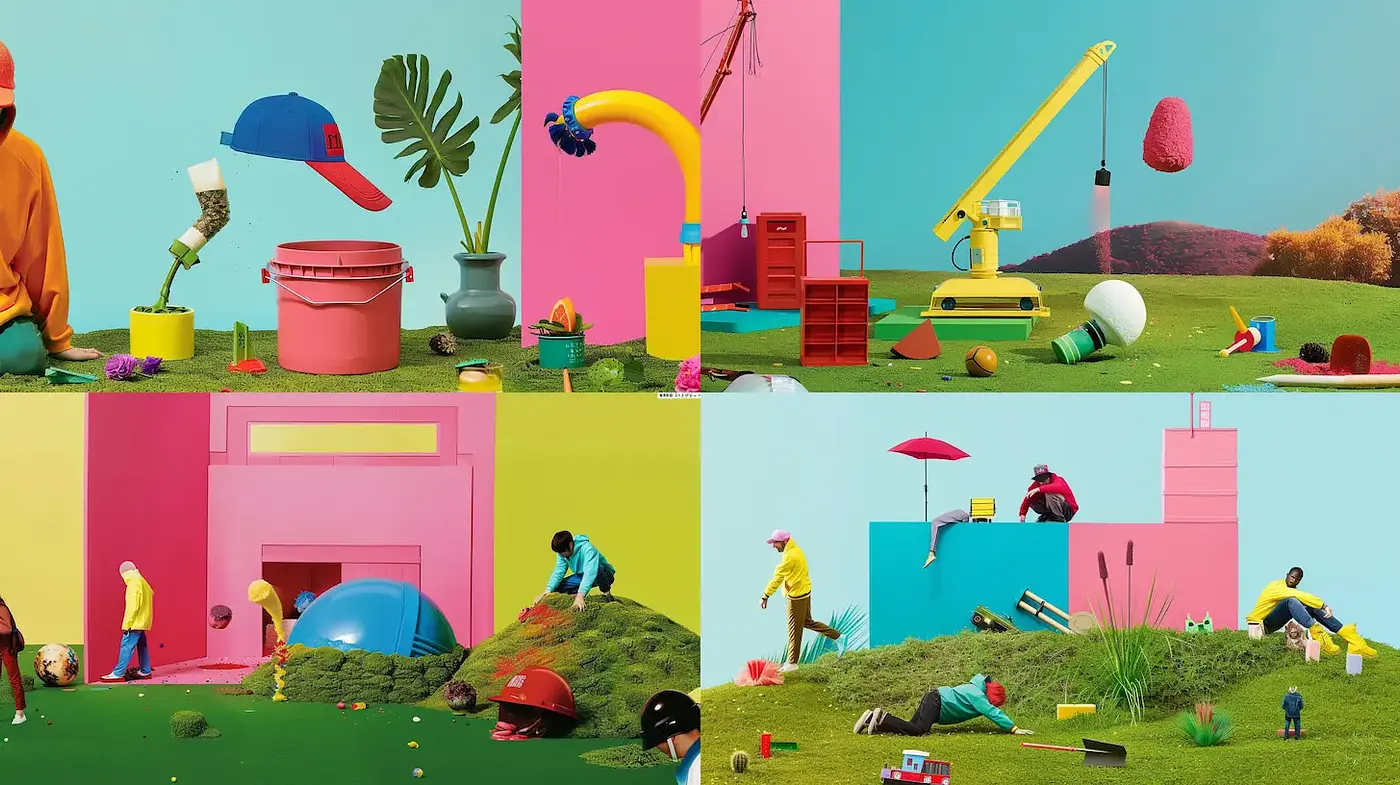 Playful and vibrant contemporary scene with stylistic uniformity - Midjourney sref style