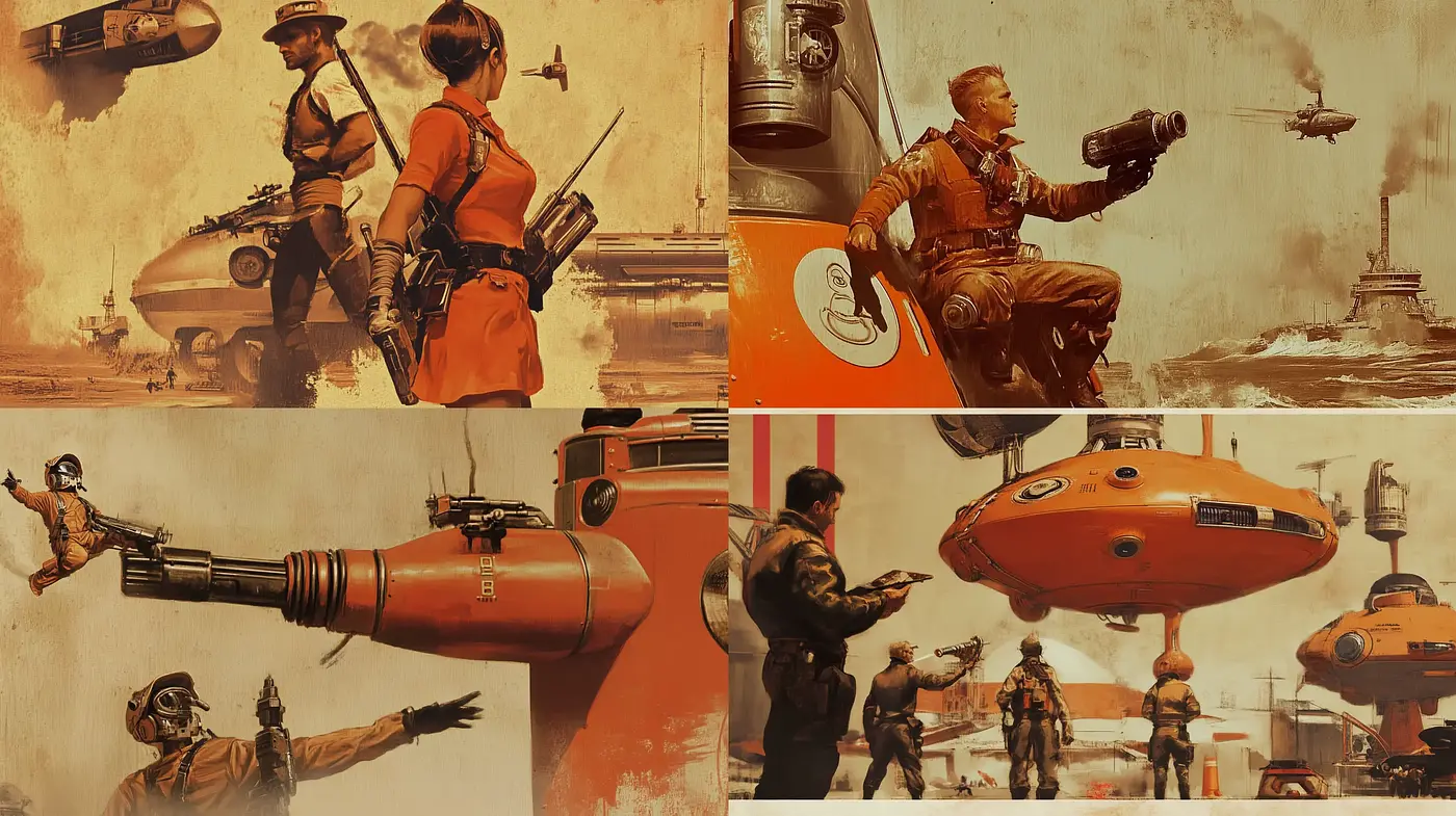 Retro-Futuristic Sepia Sojourn: Consistent Chronicles in Warm Hues - Midjourney sref style