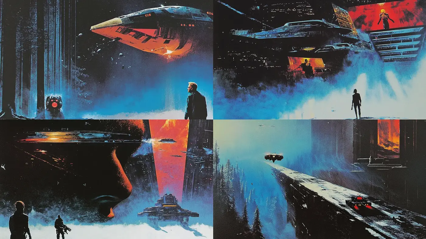 Futuristic Sci-Fi Tableaus with Vivid Hues and Dynamic Composition - Midjourney sref style