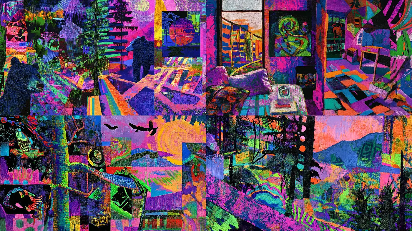 Kaleidoscopic Patchwork: A Tapestry of Vivid Textures and Abstract Forms - Midjourney sref style