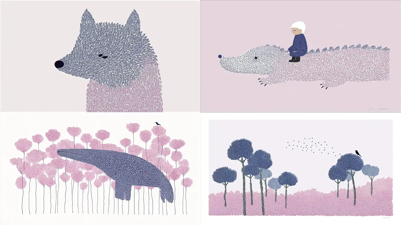 Playful and whimsical illustrative style with soft textures - Midjourney sref style
