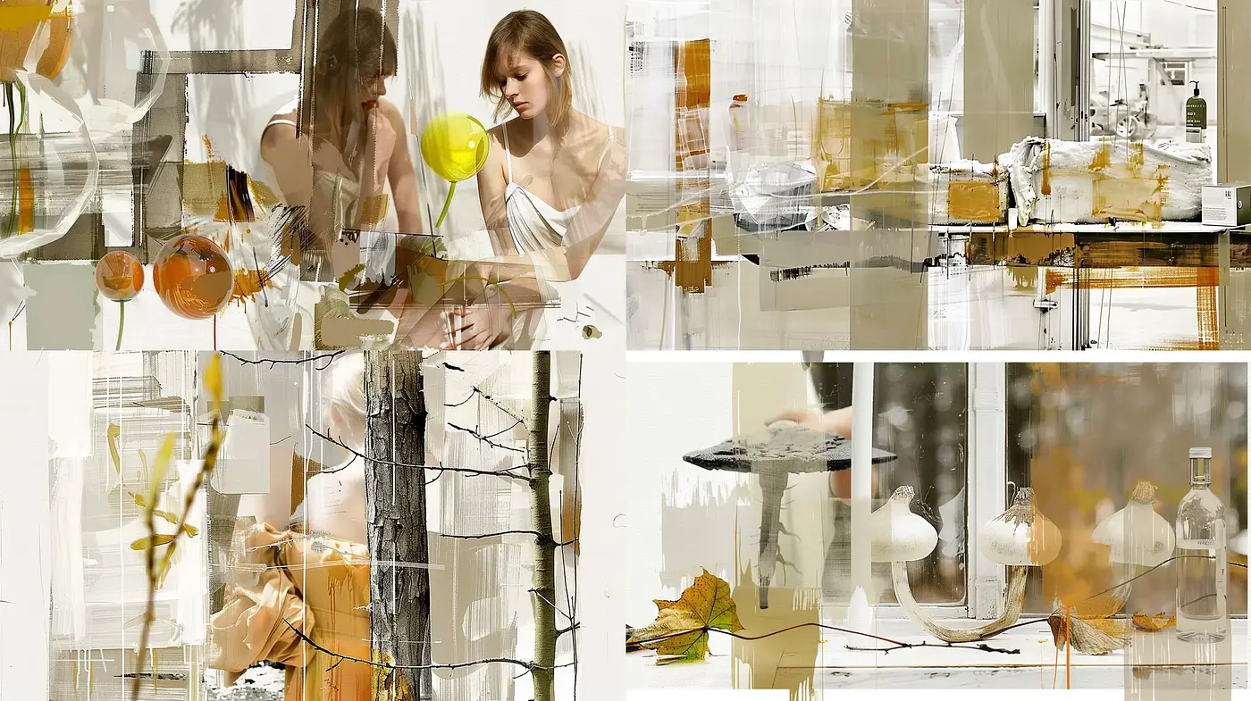 Fragmented Serenity in Earth Tones: A Blended Tableau - Midjourney sref style