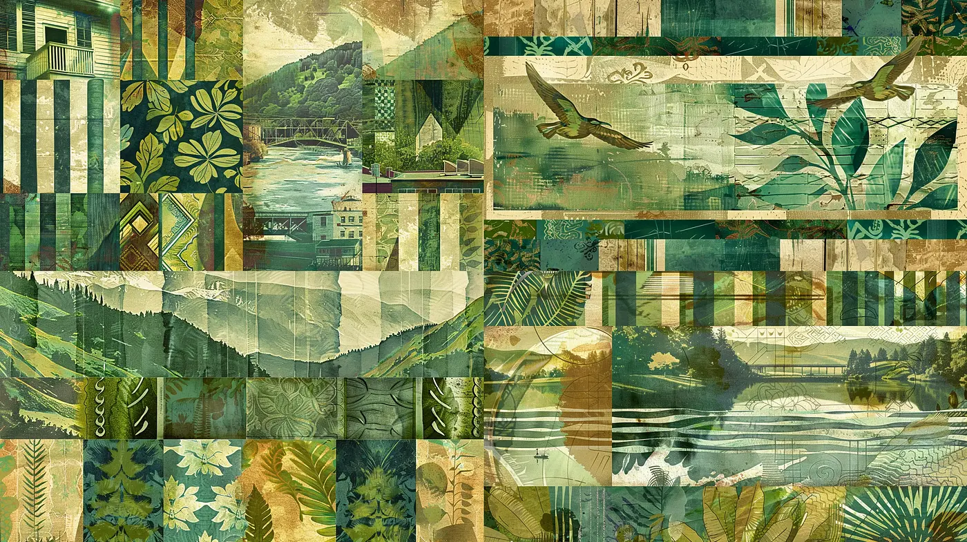 Retro Collage Essence with Earthy Tones and Geometric Harmony - Midjourney sref style