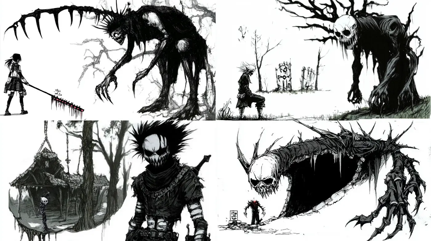 Gothic Monochrome Fantasia: A Shadowy Tapestry of Dark Creatures and Enigmatic Warriors - Midjourney sref style