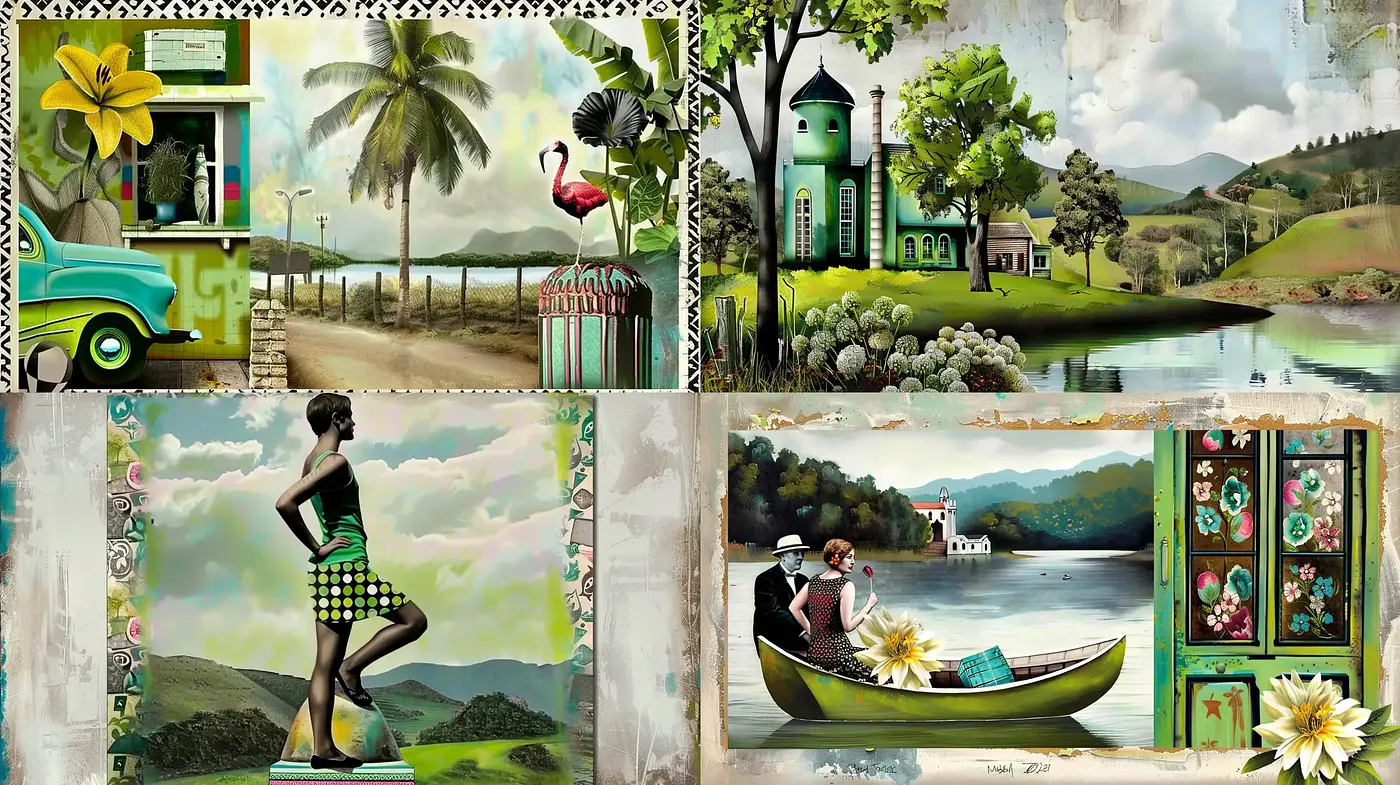 Tropical Dreamscape with Surrealist Overtones and Naïve Art Harmonies - Midjourney sref style