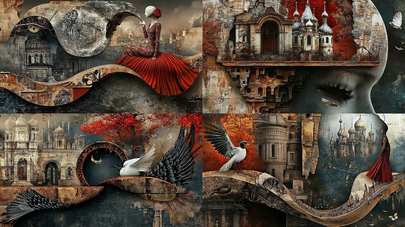 Whimsical Fusion of Architectural Landscapes and Ethereal Figures with a Touch of Surrealism - Midjourney sref style