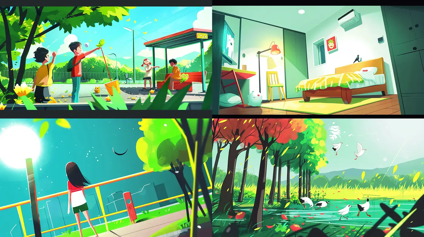 Vibrant Serenity of Stylized Nature and Urban Interplay - Midjourney sref style