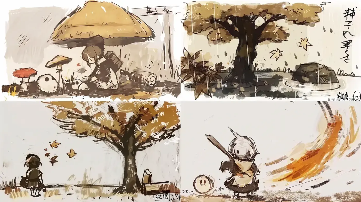 Whimsical and nostalgic autumn-themed illustrations with earthy tones - Midjourney sref style