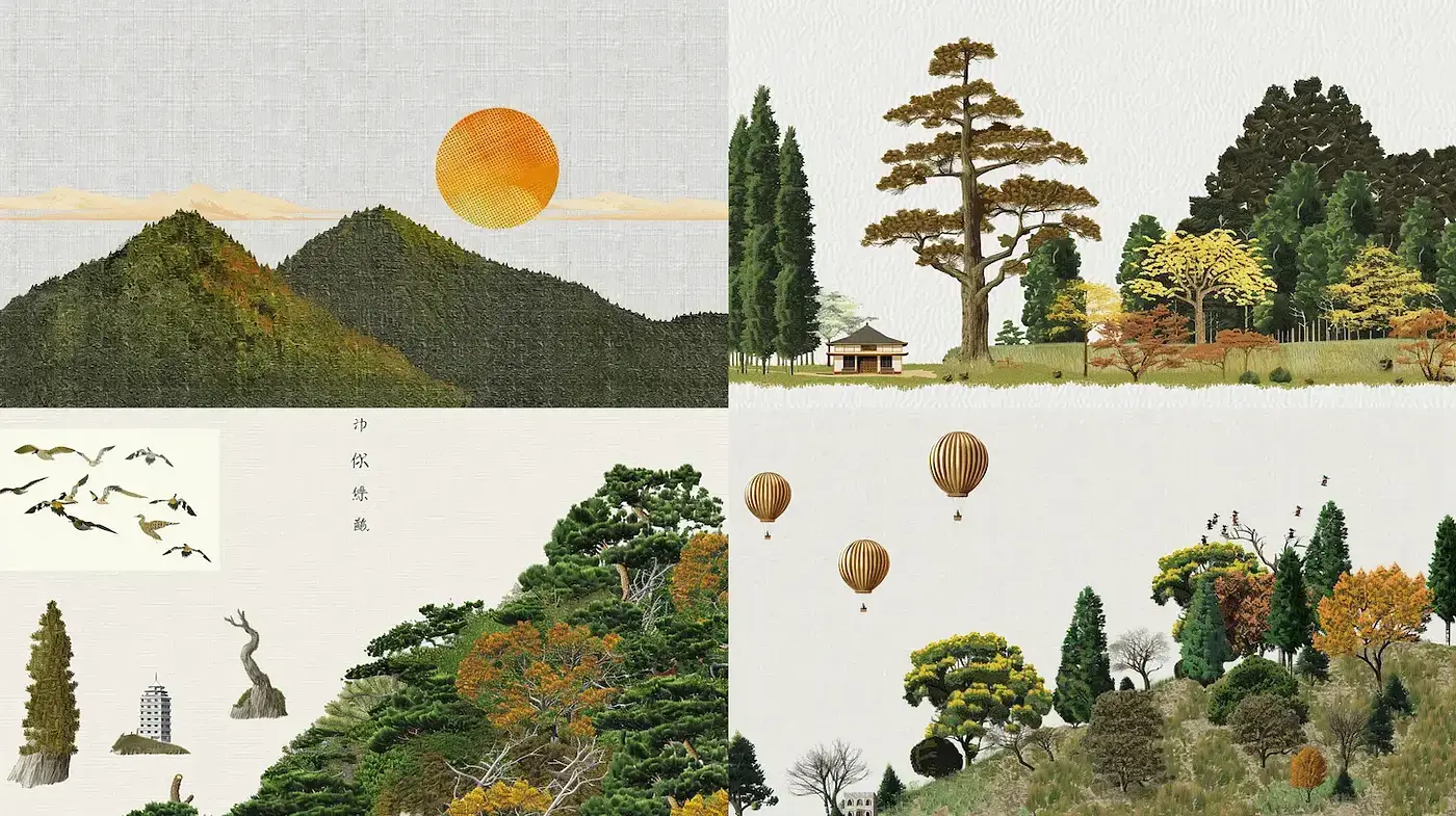 Nature-inspired serene landscapes with a touch of whimsy - Midjourney sref style