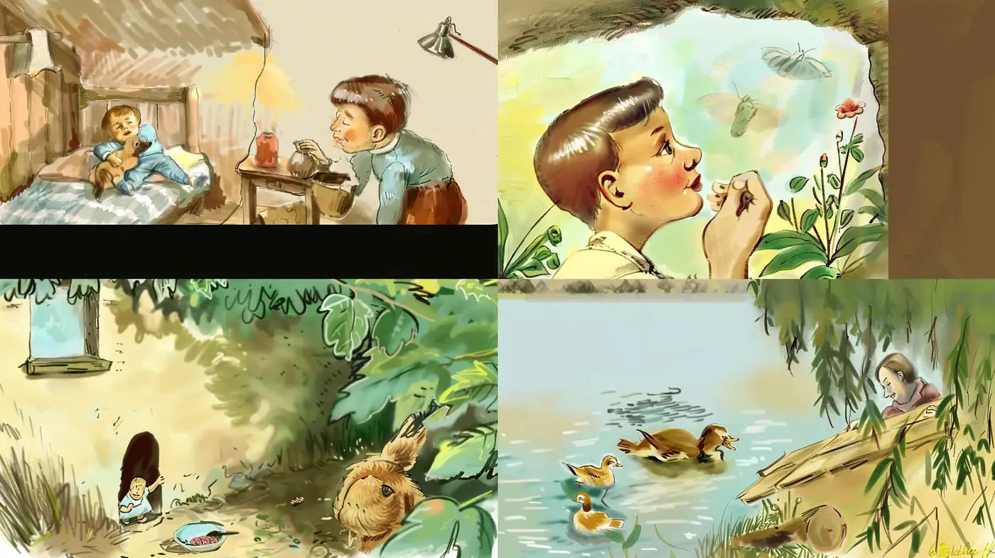 Whimsical Nostalgia: A Harmonious Blend of Pastel Hues and Storybook Imagery - Midjourney sref style