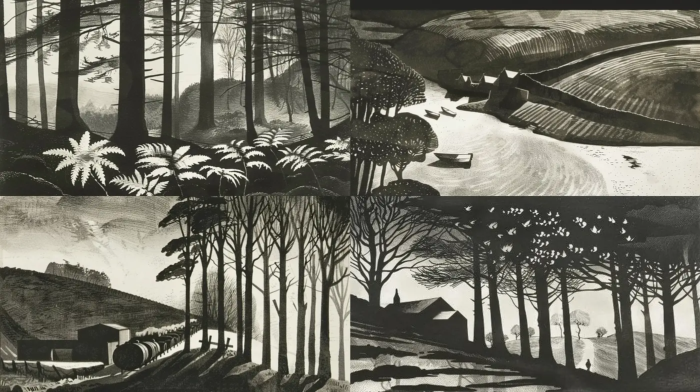 Monochromatic Woodcut Aesthetic in Rustic Landscapes - Midjourney sref style