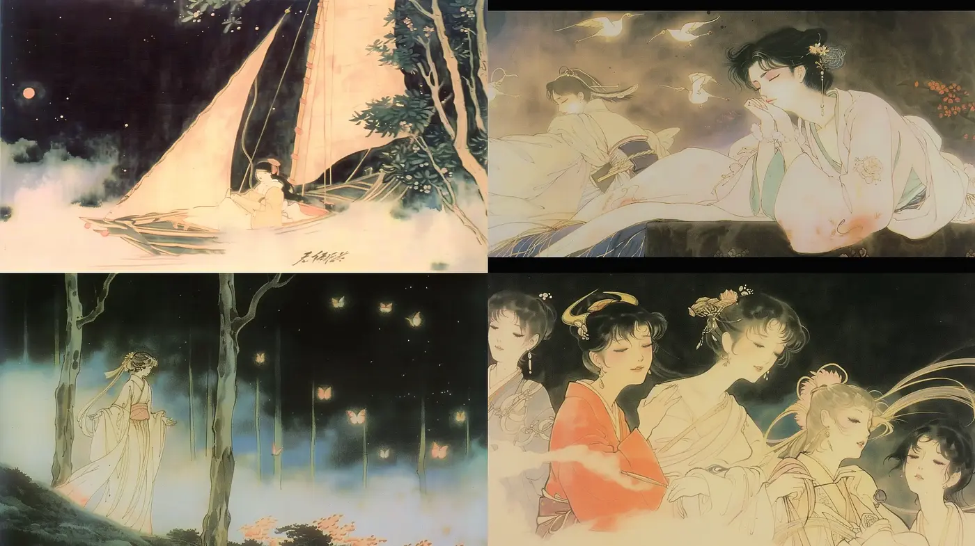 Ethereal Eastern Elegance: A Harmonious Blend of Traditional Asian Artistry and Dreamlike Serenity - Midjourney sref style