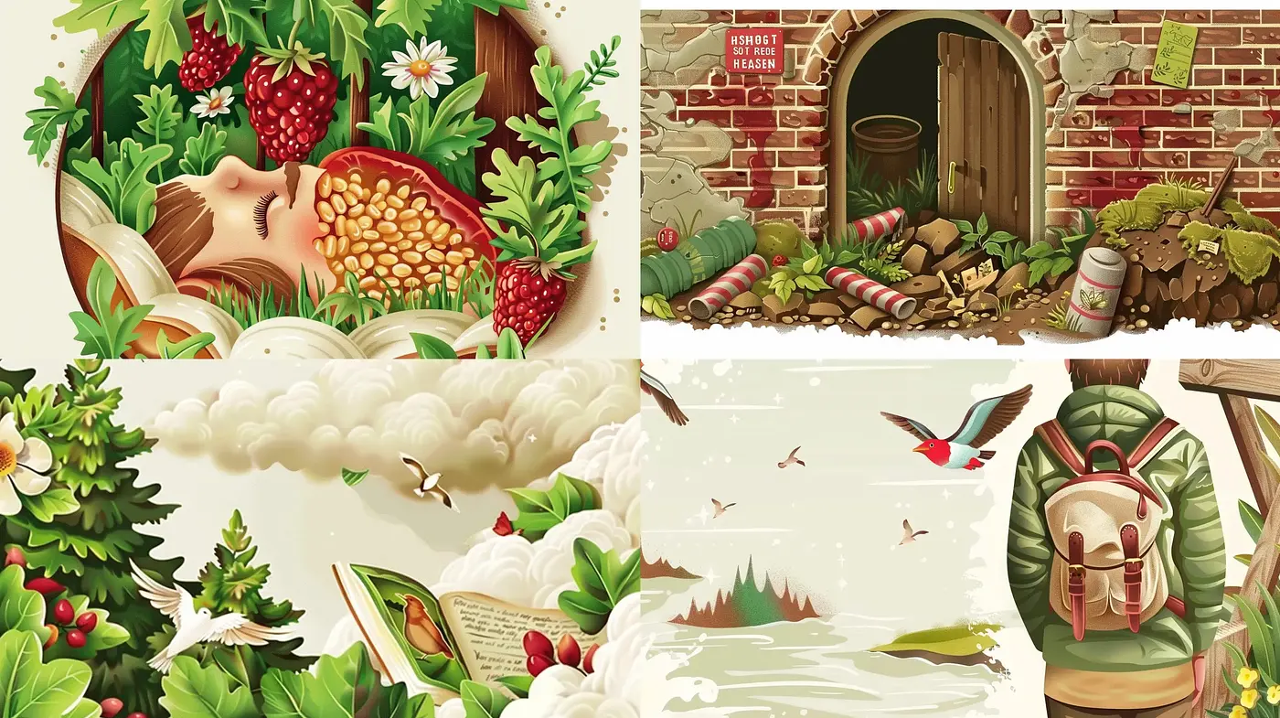 Rustic Nature-Inspired Illustrative Fusion - Midjourney sref style