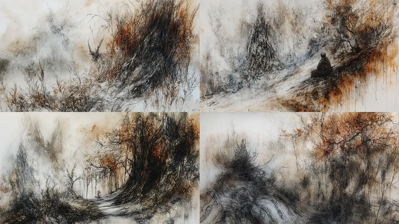 Whispers of Autumn: An Ethereal Fusion of Charcoal and Watercolor Hues - Midjourney sref style