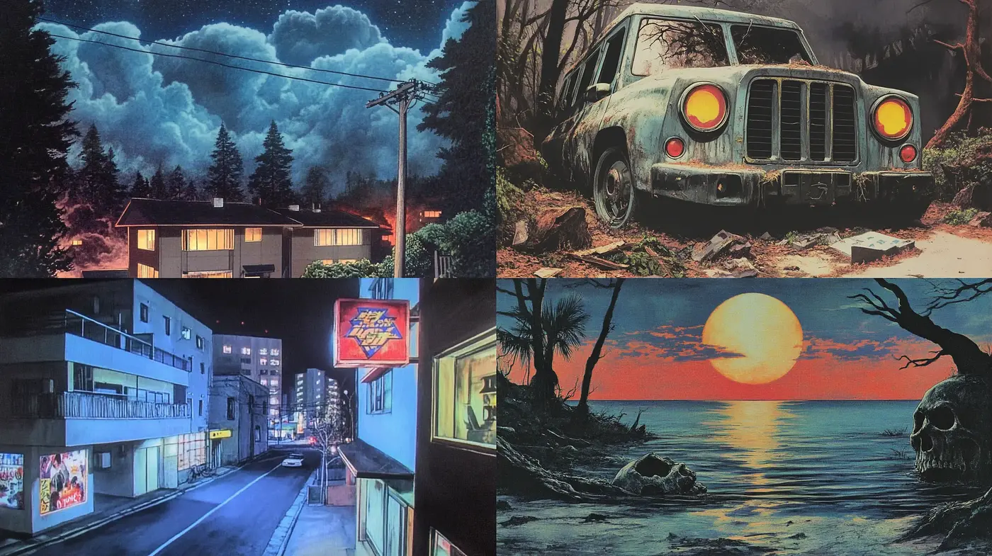 Evocative Twilight Hues and Nostalgic Retrofuturism - Midjourney sref style