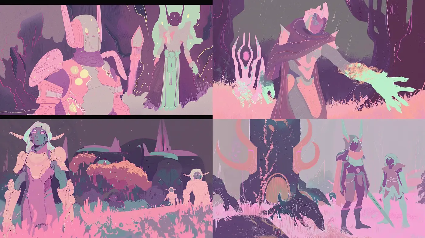 Surreal Pastel Dreamscape with Ethereal Character Renderings - Midjourney sref style