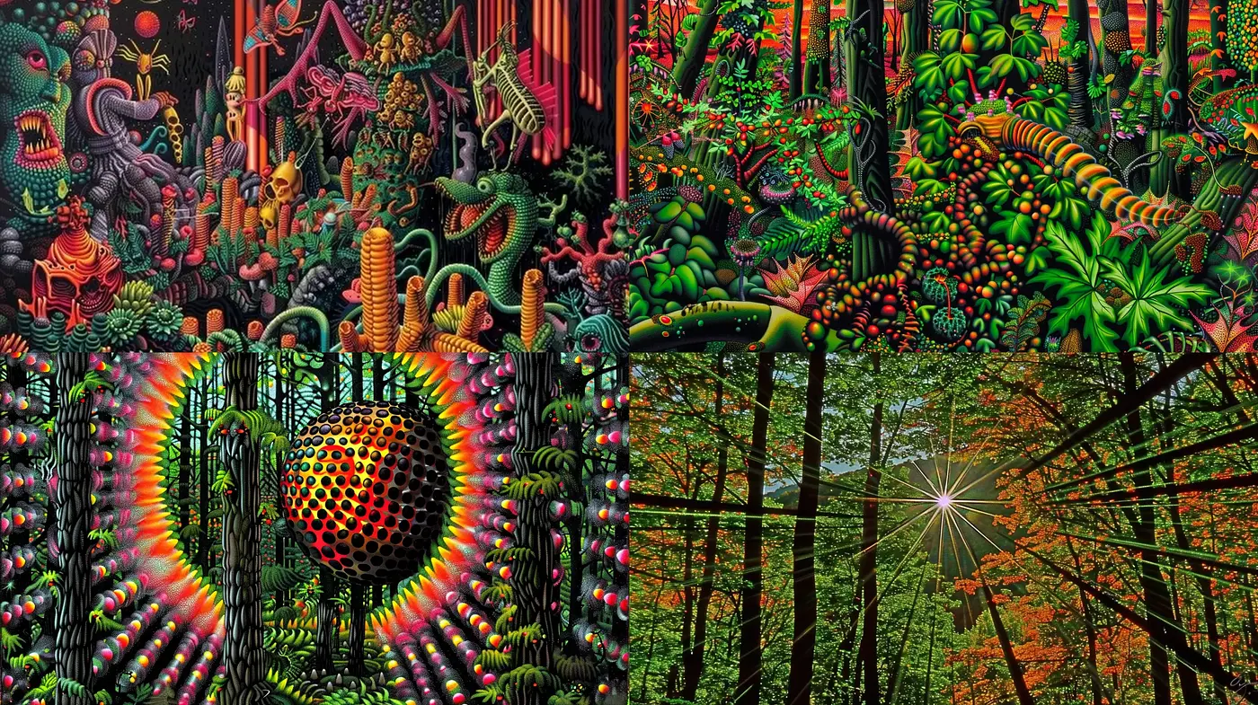 Psychedelic Forest Dreamscape: A Vivid Fusion of Organic and Luminous Elements - Midjourney sref style