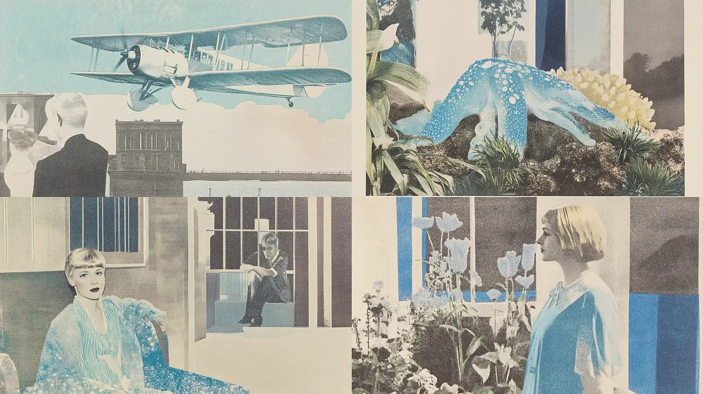 Serene Collage of Retro Blues and Tonal Harmony - Midjourney sref style