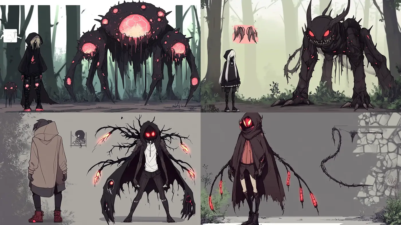 Eerie Monochrome Forestscape with Crimson Accents - Midjourney sref style
