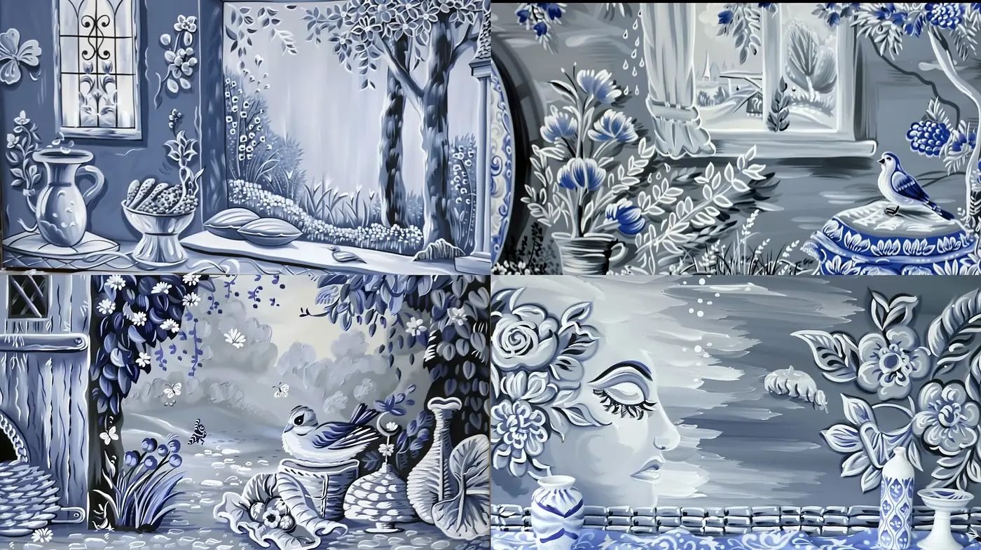 Monochromatic Blue Botanical Dreamscapes - Midjourney sref style