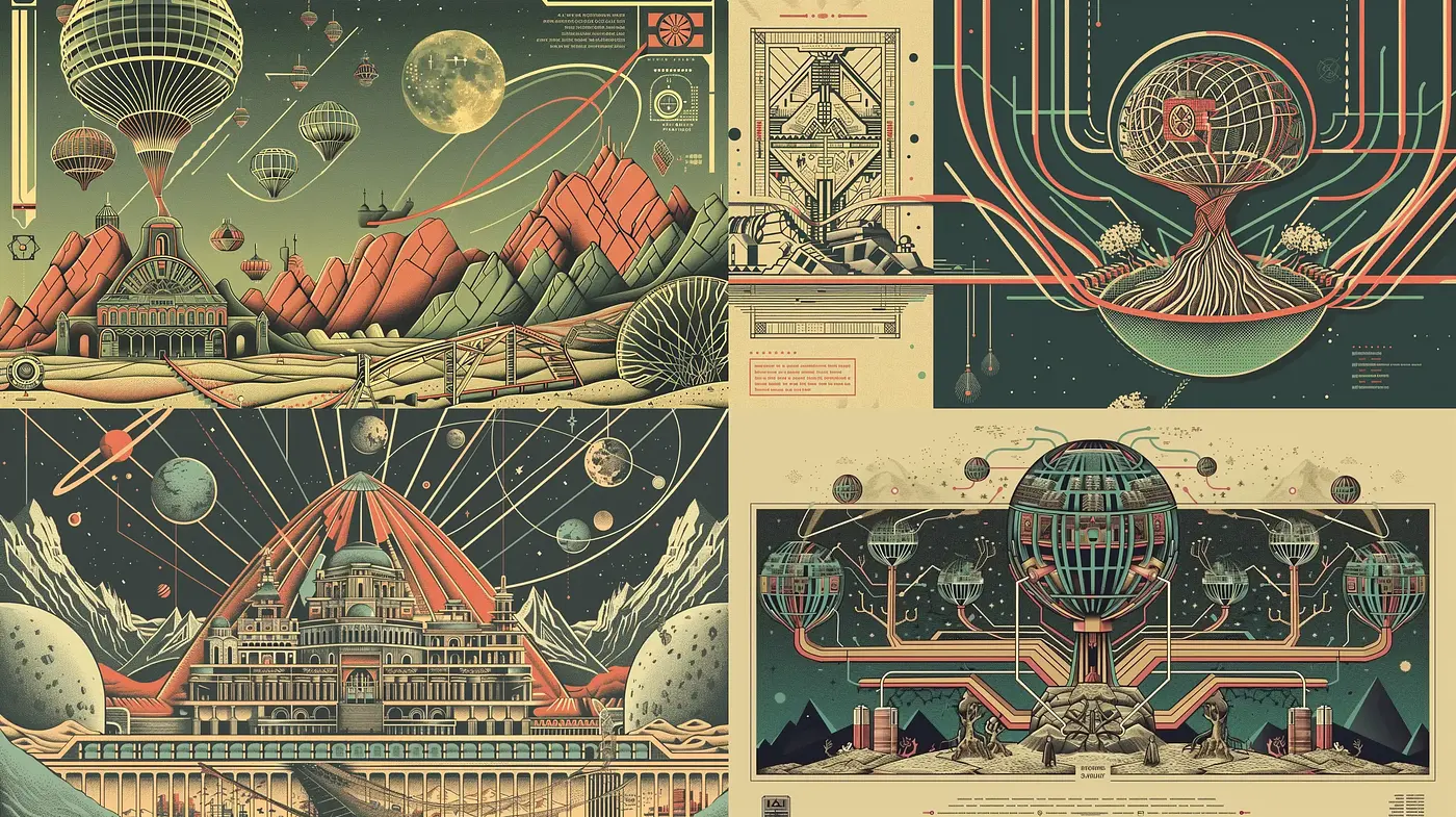Retro-Futuristic Visions in Teal and Terracotta - Midjourney sref style