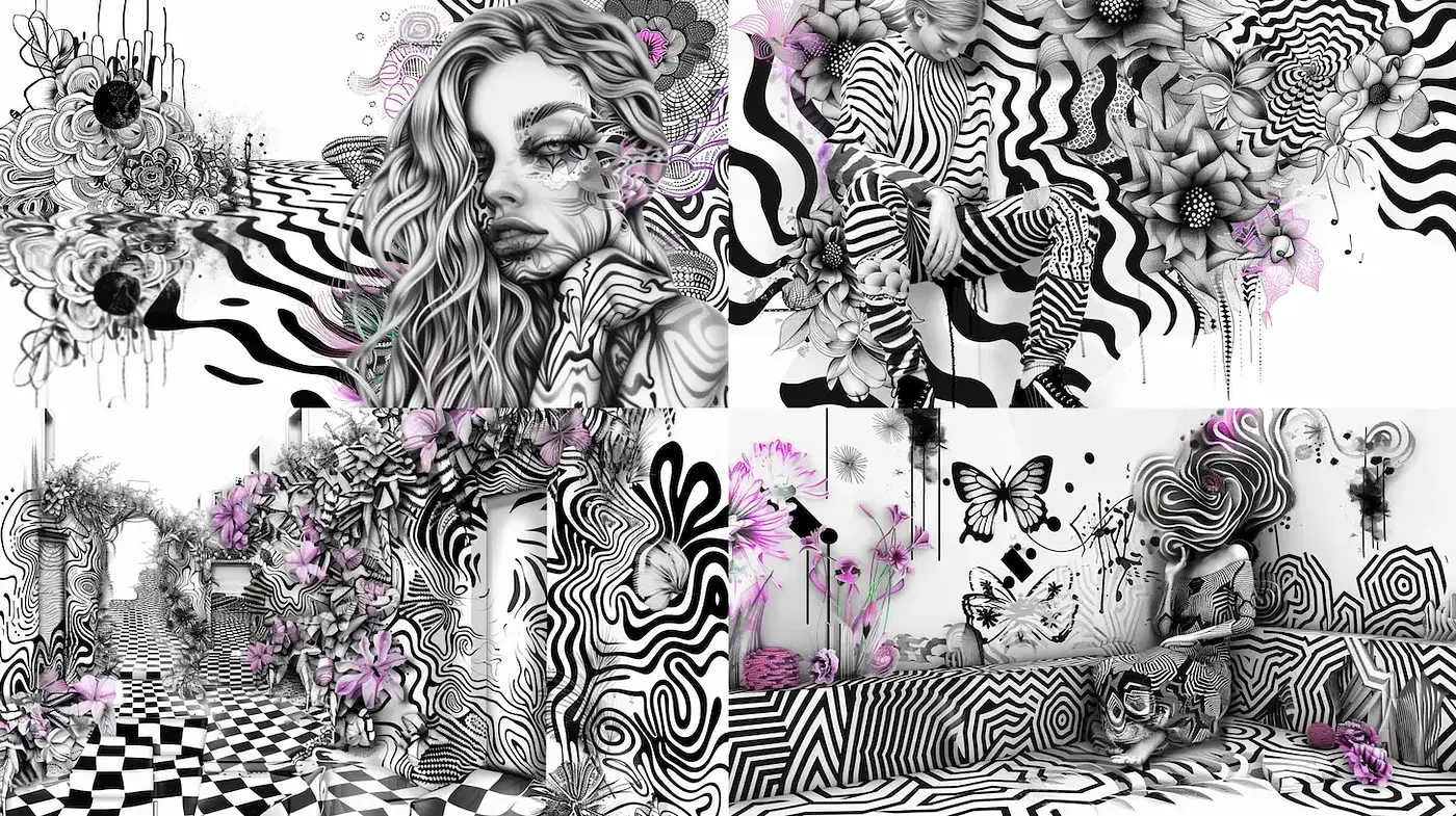 Surreal monochrome essence with floral elements and dynamic patterns - Midjourney sref style