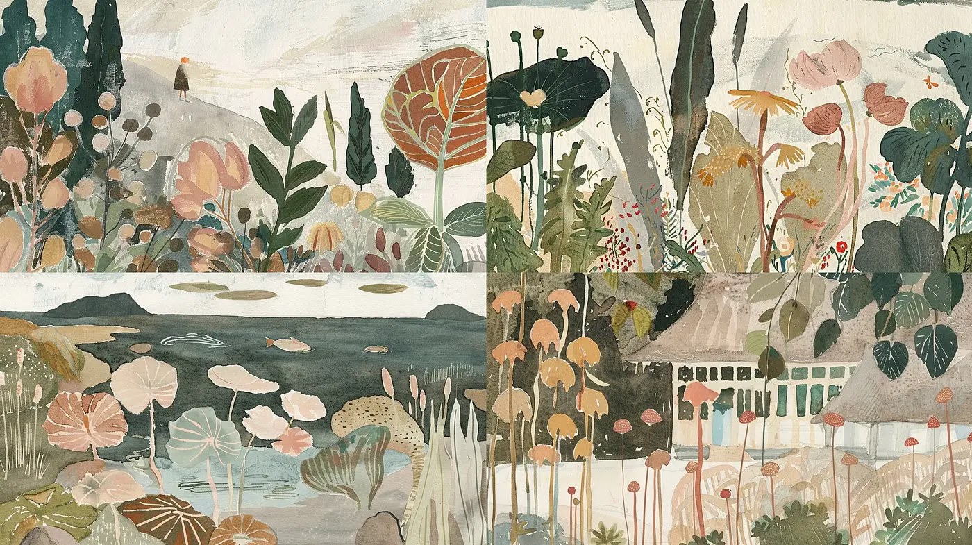 Serene Botanical Infusion in Muted Watercolor Tones - Midjourney sref style