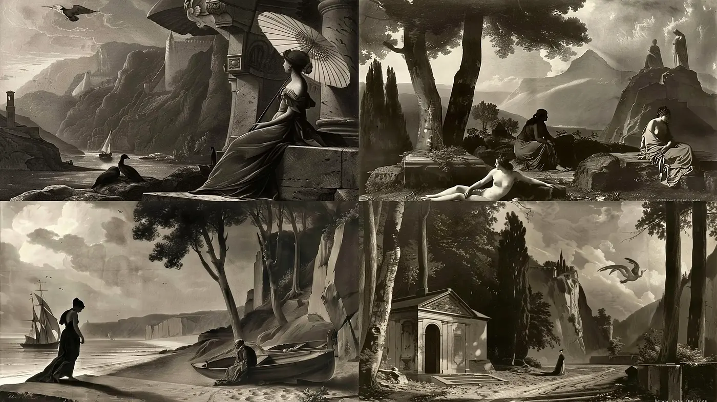 Ethereal Monochromatic Vistas in Romanticism Influence - Midjourney sref style