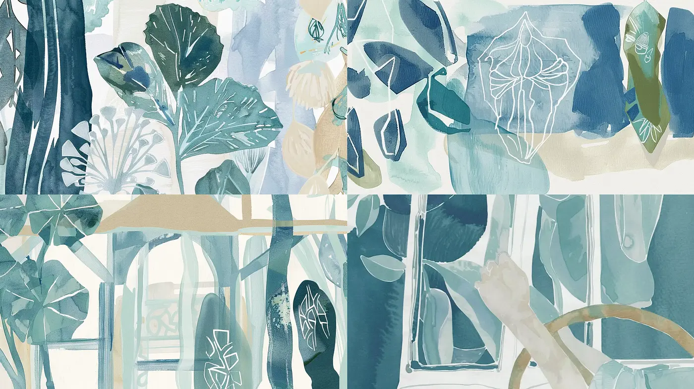 Serene Aquatic Botanicals in Watercolor Fusion - Midjourney sref style