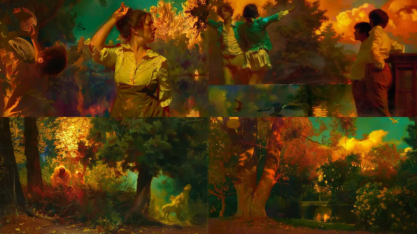 Enigmatic Twilight Hues: A Lush Fusion of Gold and Ember - Midjourney sref style
