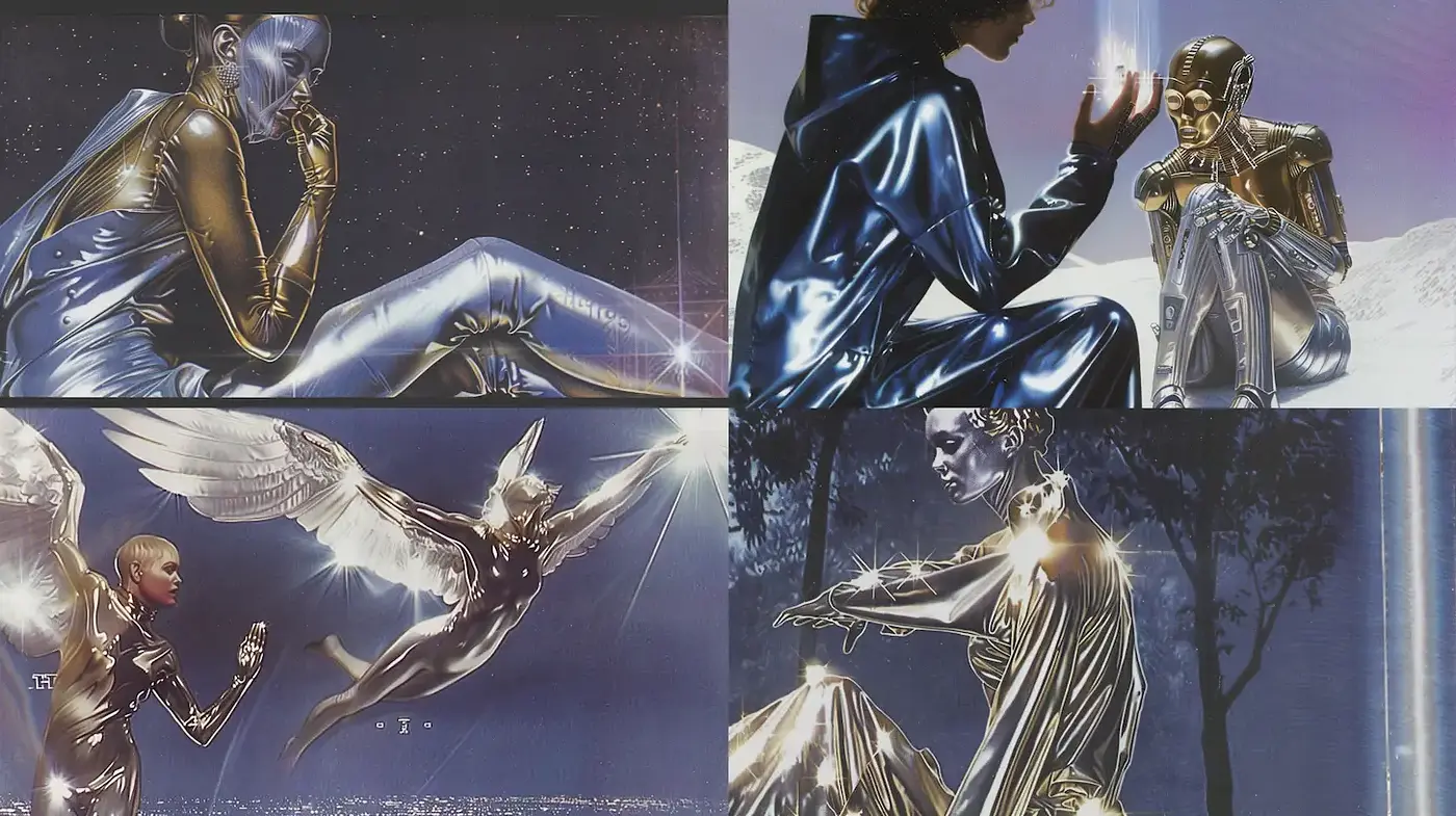 Futuristic Metallic Dreamscape with Ethereal Elements - Midjourney sref style