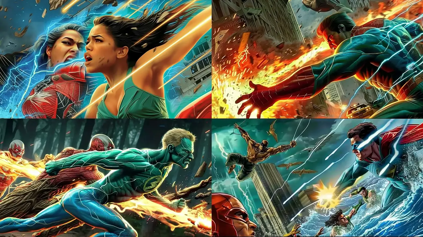 Dynamic Superhero Confrontation in a Stylized Modern Comic Book Aesthetic - Midjourney sref style