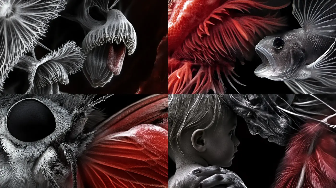 Monochromatic Elegance with a Touch of Crimson: A Study in Contrasts - Midjourney sref style