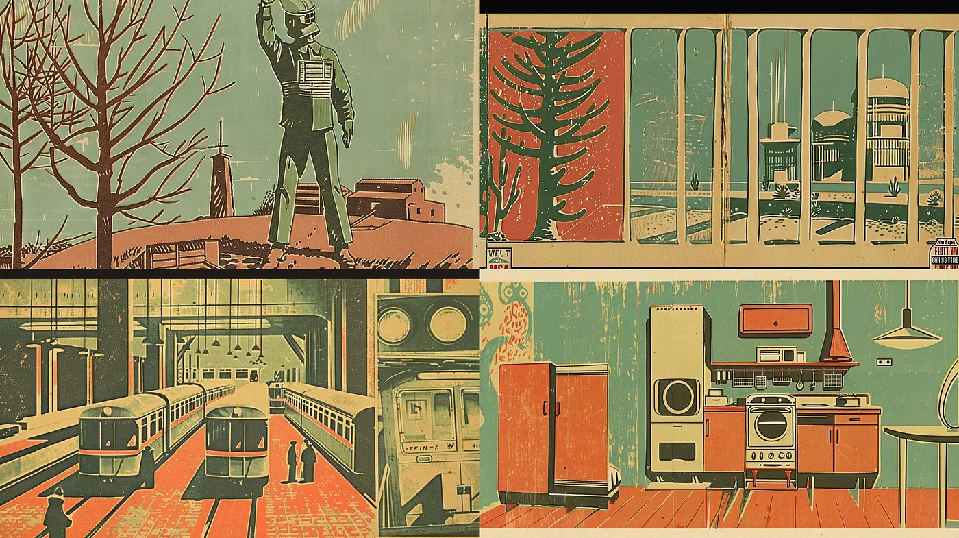 Retro-Futuristic Mid-Century Modern Illustration with a Warm Tonal Palette - Midjourney sref style