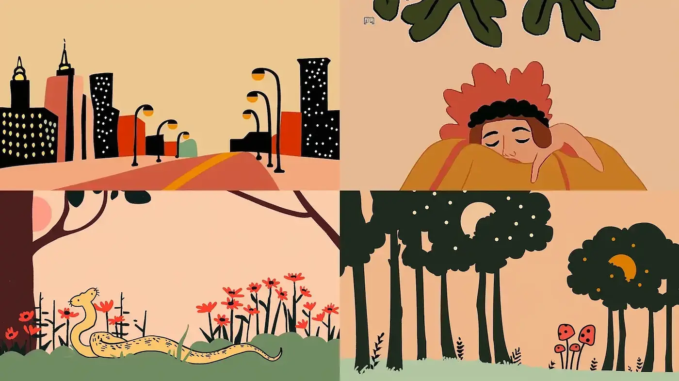 Whimsical and Vibrant Illustrations with Organic Shapes and Soft Tones - Midjourney sref style