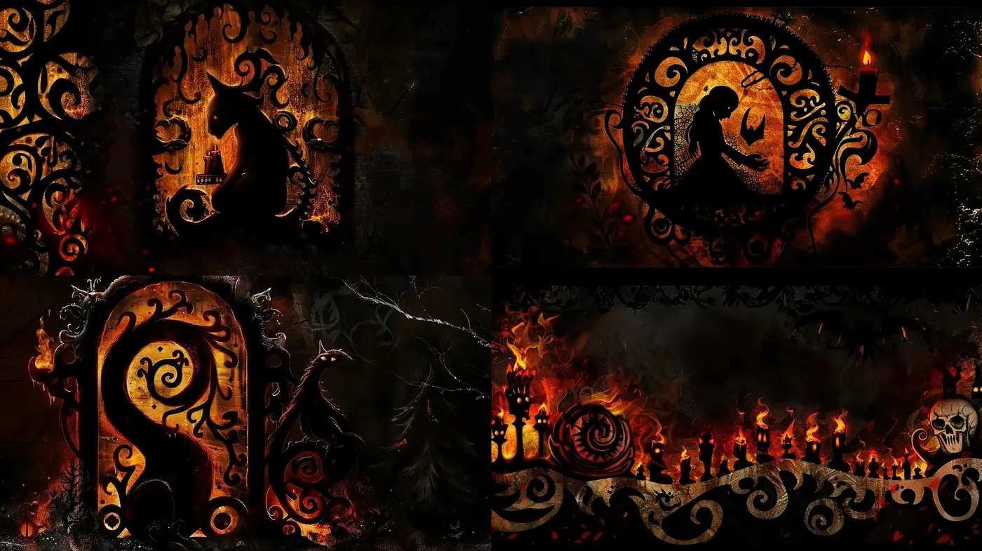 Enigmatic Silhouettes Amidst Fiery Gothic Dreamscape - Midjourney sref style