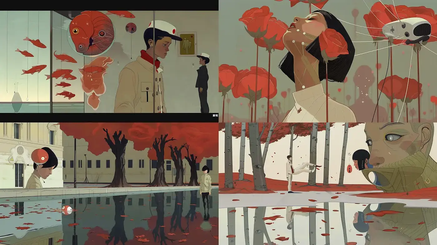 Dynamic Visual Narrative with a Surrealistic and Minimalist Aesthetic - Midjourney sref style