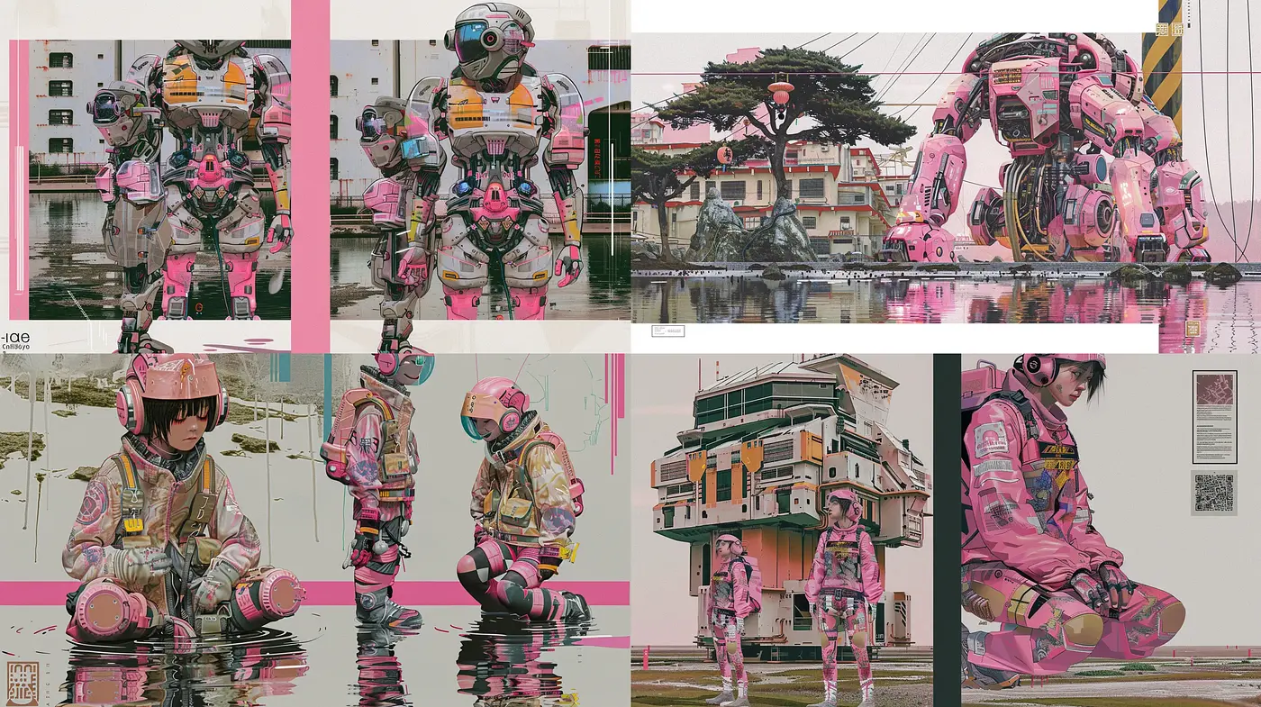 Futuristic Dystopia in Rosy Tones: A Fusion of Manga Influence and Urban Decay - Midjourney sref style