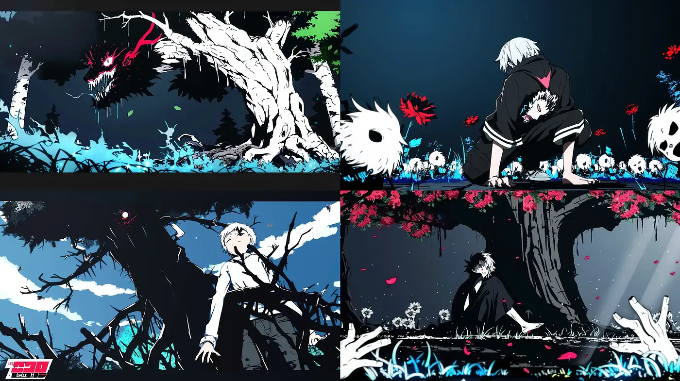 Ethereal Anime Dreamscape with Stark Contrasts and Lurid Accents - Midjourney sref style