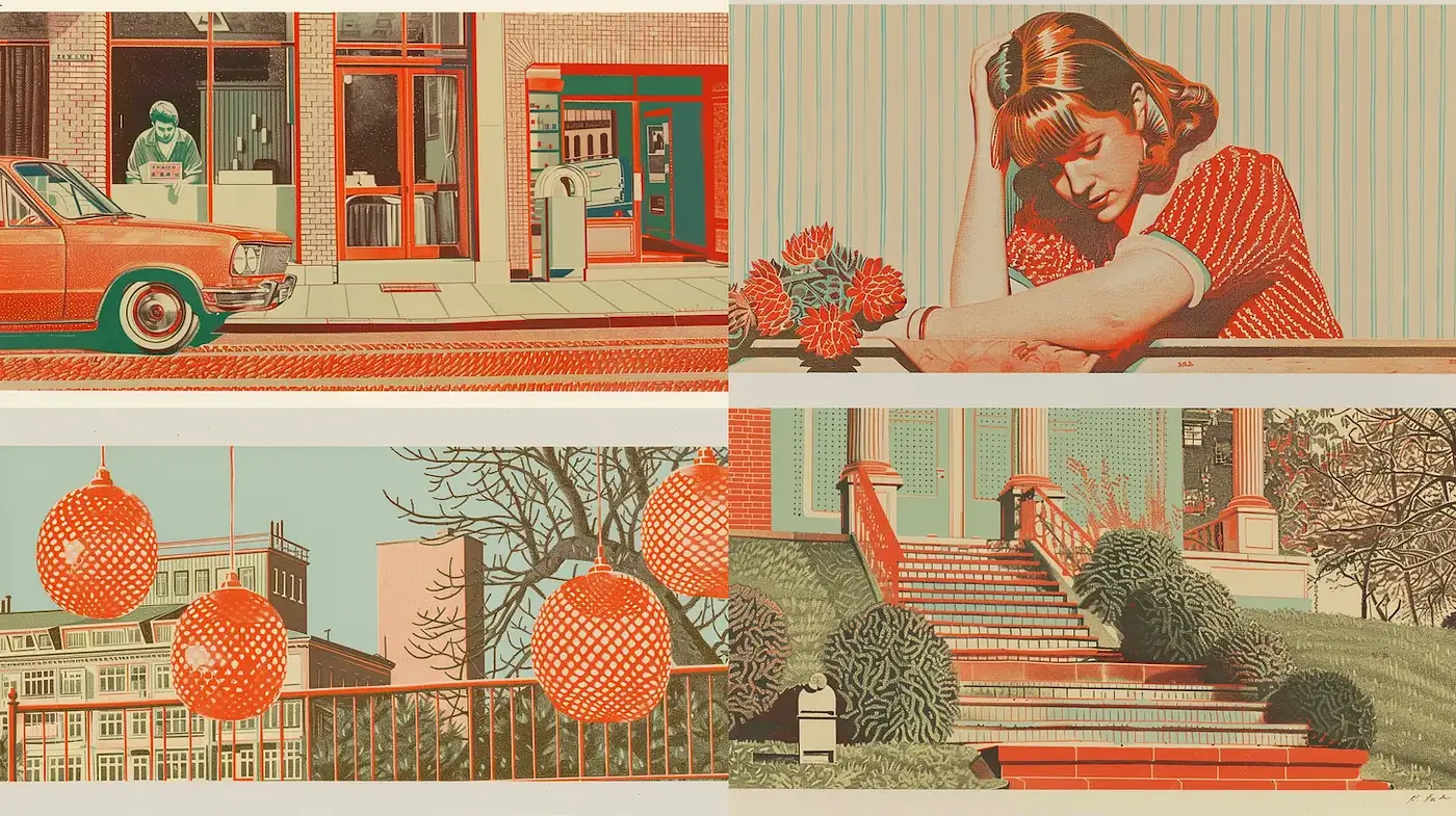 Retro-inspired illustrations with a consistent color palette and nostalgic atmosphere - Midjourney sref style