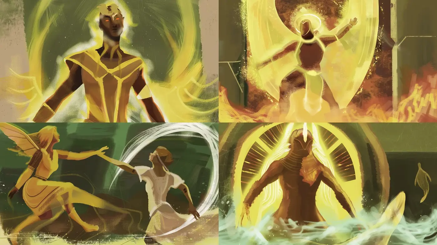 Ethereal Luminance: A Dance of Dynamic Elements with Golden Hues - Midjourney sref style