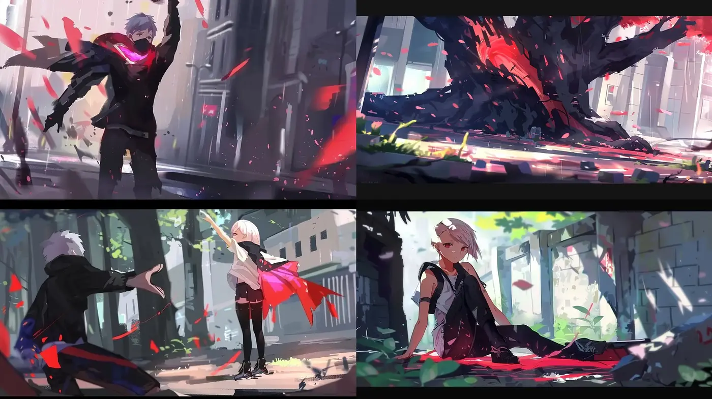 Dramatic Anime-Inspired Digital Paintings with a Crimson Highlight - Midjourney sref style